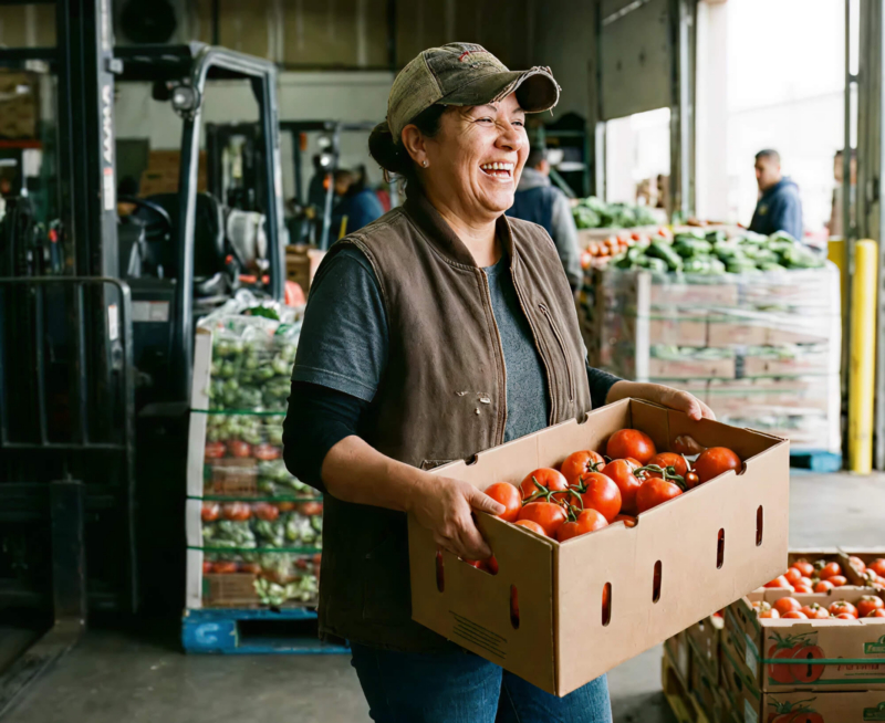 Woman smiling while holding a box of fresh tomatoes in a busy produce warehouse