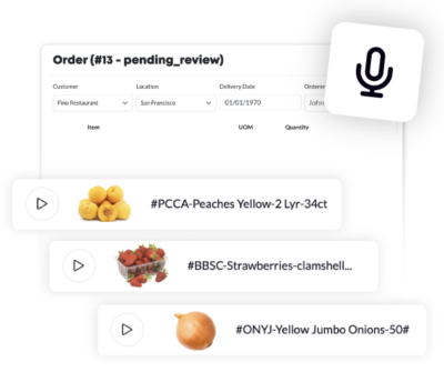 Online order system showing produce items with voice recording feature for review.