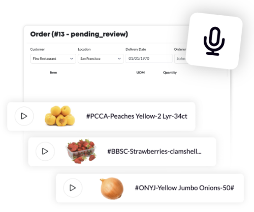 Online order system showing produce items with voice recording feature for review.