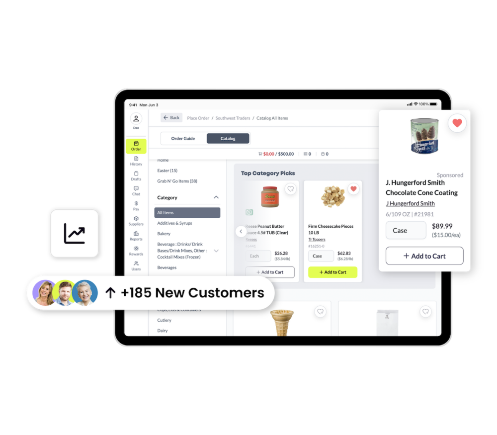 Tablet displaying an online shopping interface with new customers notification
