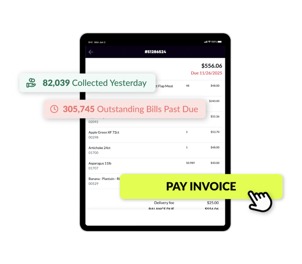 Tablet screen showing overdue bills and payment option for invoices