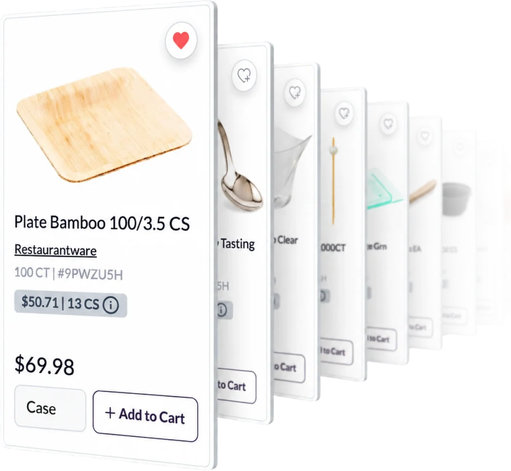 Restaurantware product cards in the Cut+Dry catalog: bamboo plate, tasting spoon, clear cup, picks and bowls