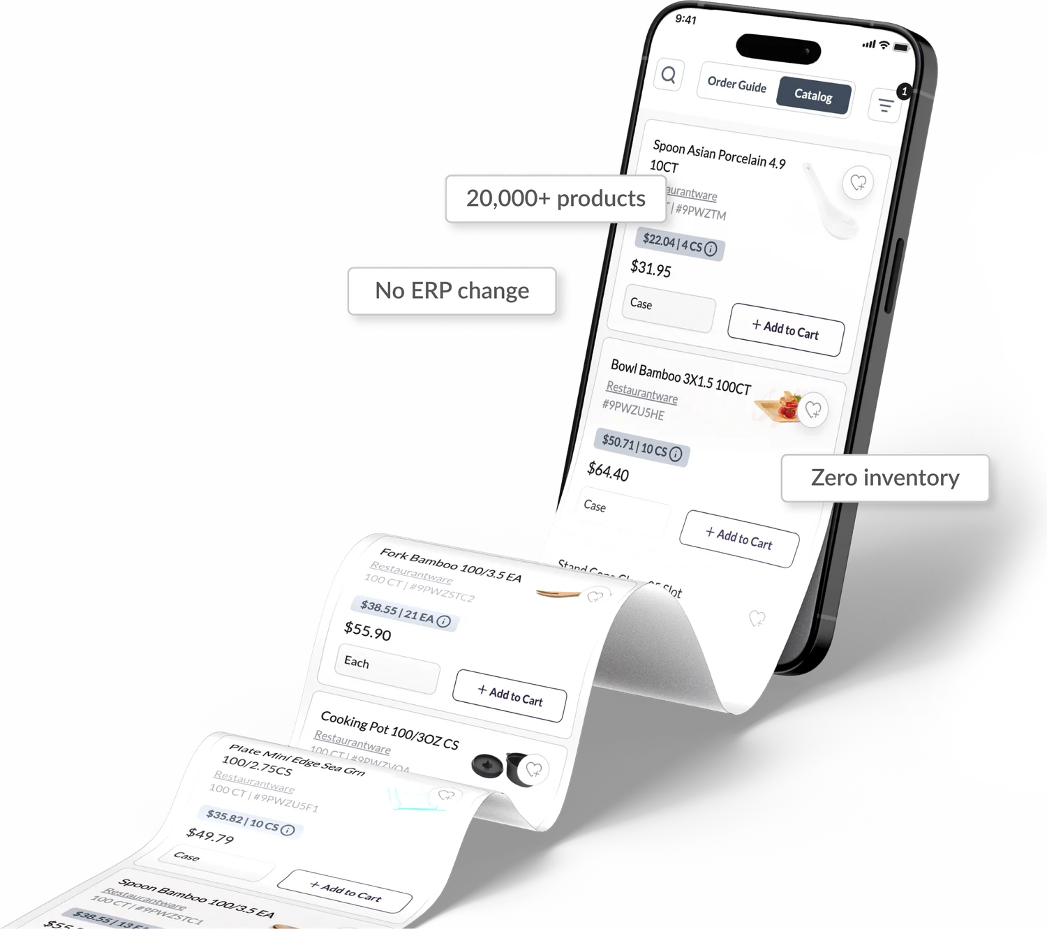 The Cut+Dry app showing Restaurantware bamboo plates, bowls and cutlery in a distributor order guide