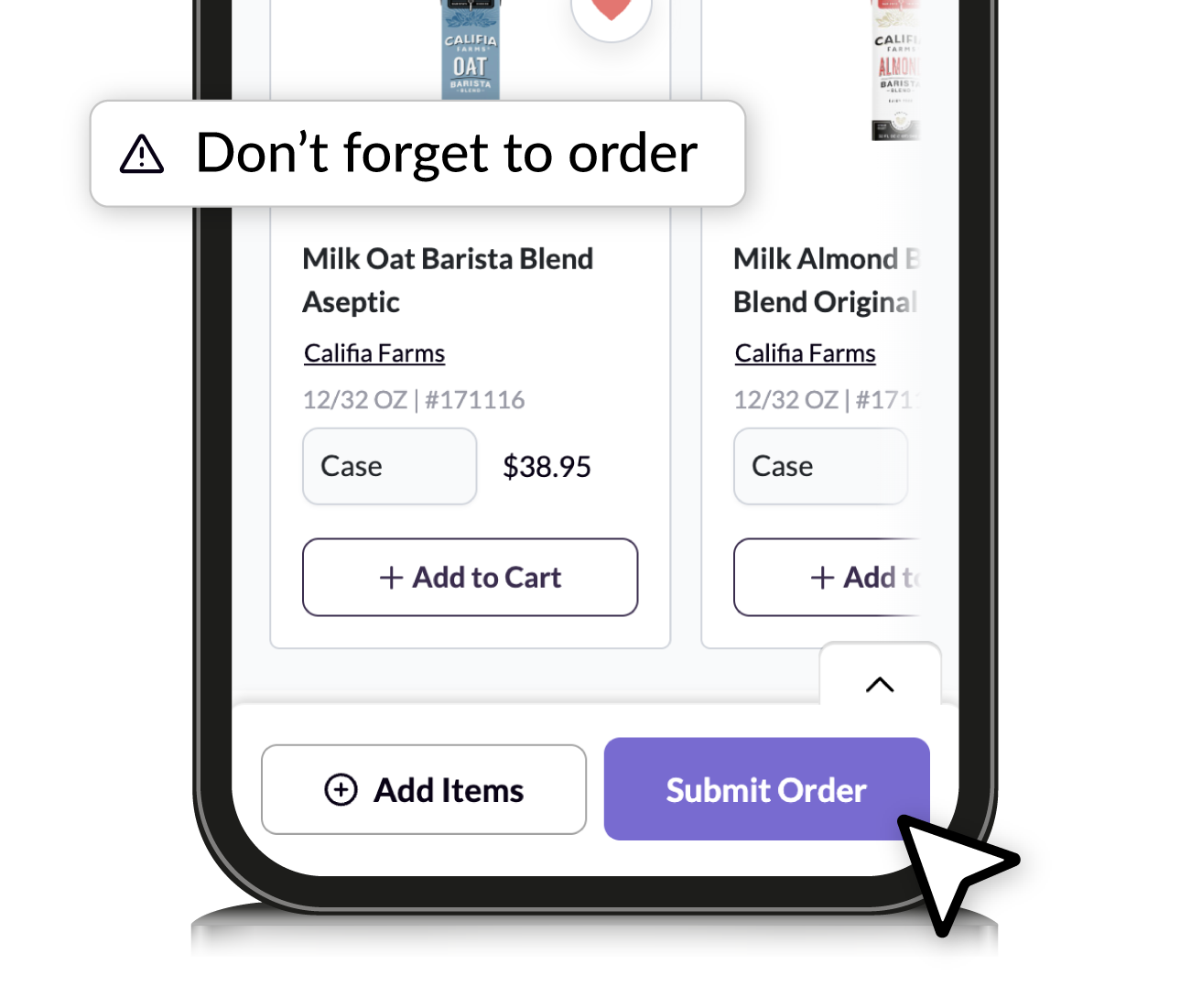 Mobile app showing cart items with submit order button highlighted.