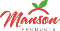 Manson Products logo featuring a red text with green leaves accent