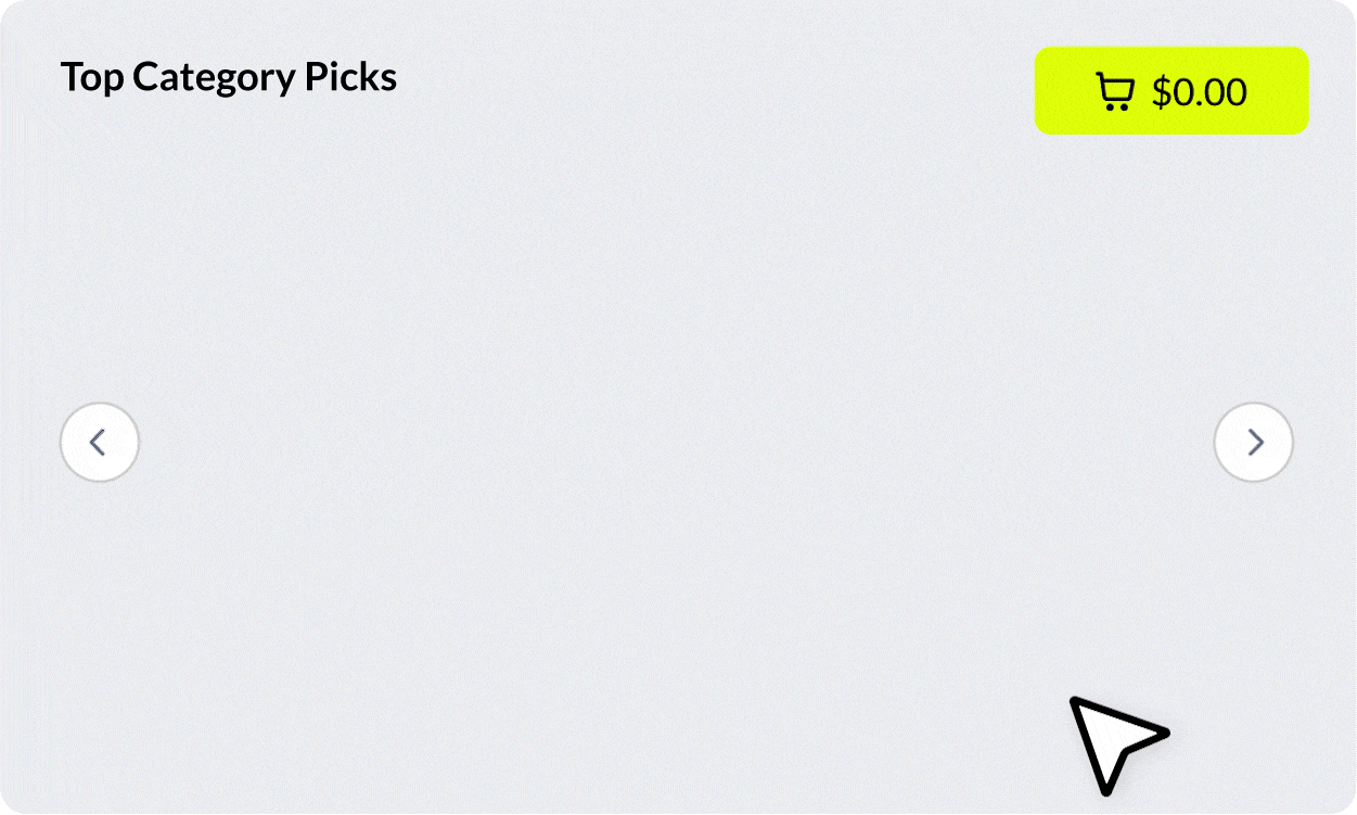 Interactive shopping cart with top category picks and navigation arrows