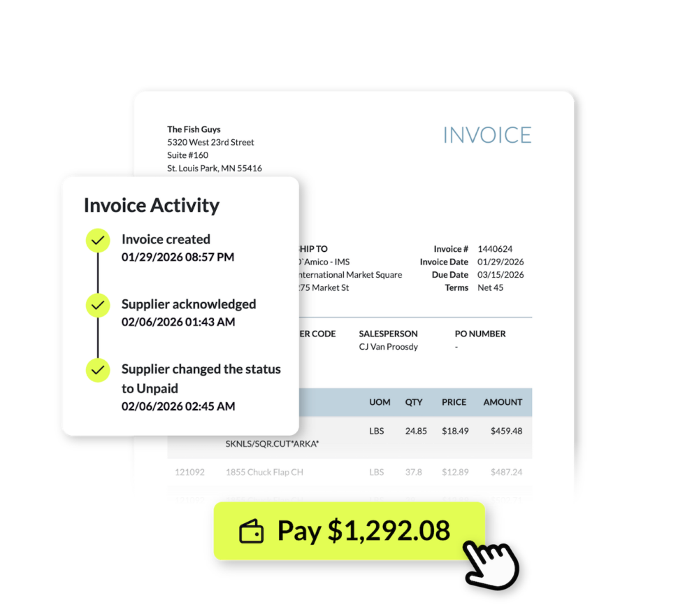 Digital invoice with activity log and payment prompt for $1292.08