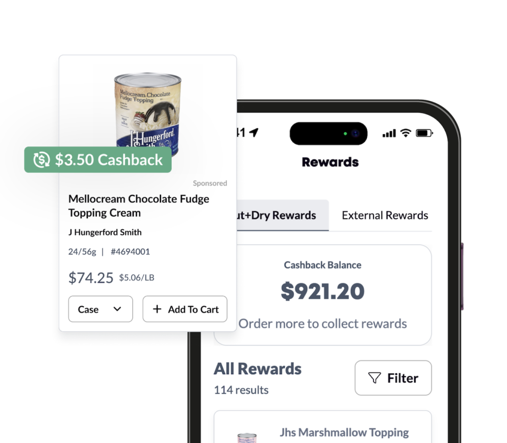 Mobile app showing cashback reward for chocolate fudge topping and total cashback balance.